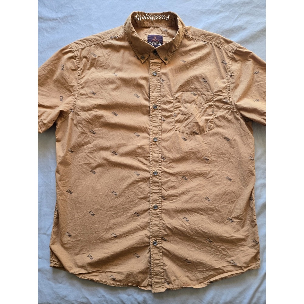 Prana‎ Shirt Mens Large Geometric All Over Print Organic Hiking Gorpcore Button